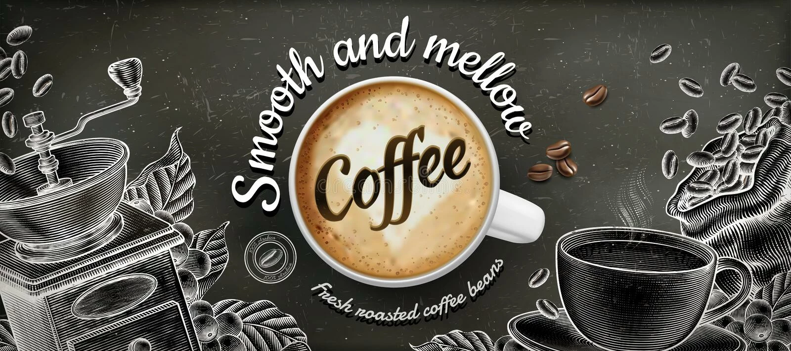 Kaffee-Tee Sales -Kaffee-Tee Sales coffee banner ads d illustratin latte woodcut style decorations chalkboard background 141918119
